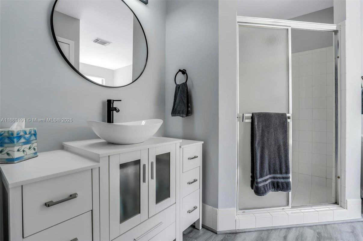 Bathroom, Glass Shower, Interior, Wood Texture Flooring