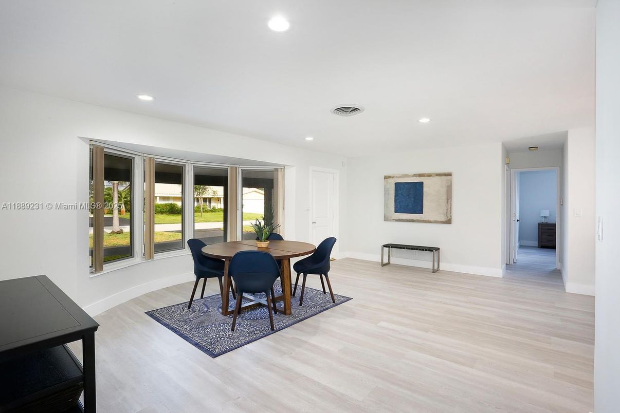 Dining room, Interior, Recessed Lighting, Wood Texture Flooring