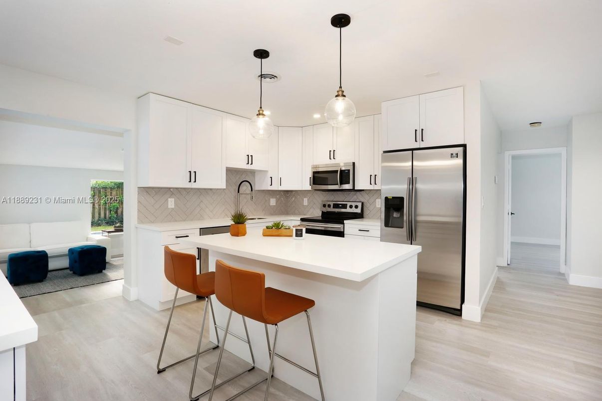 Interior, Kitchen, Pendant Lights, Stainless Steel Appliances, Wood Texture Flooring