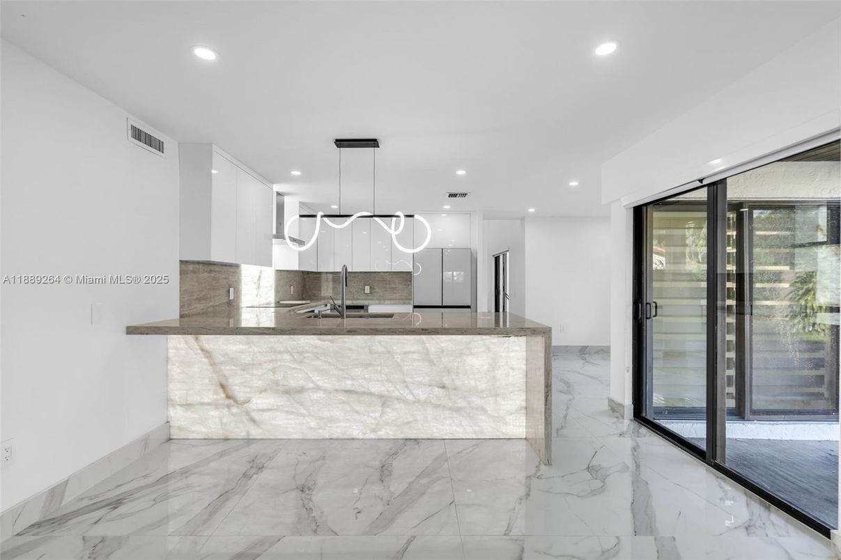 Interior, Kitchen, Marble, Pendant Lights, Recessed Lighting, Stainless Steel Appliances