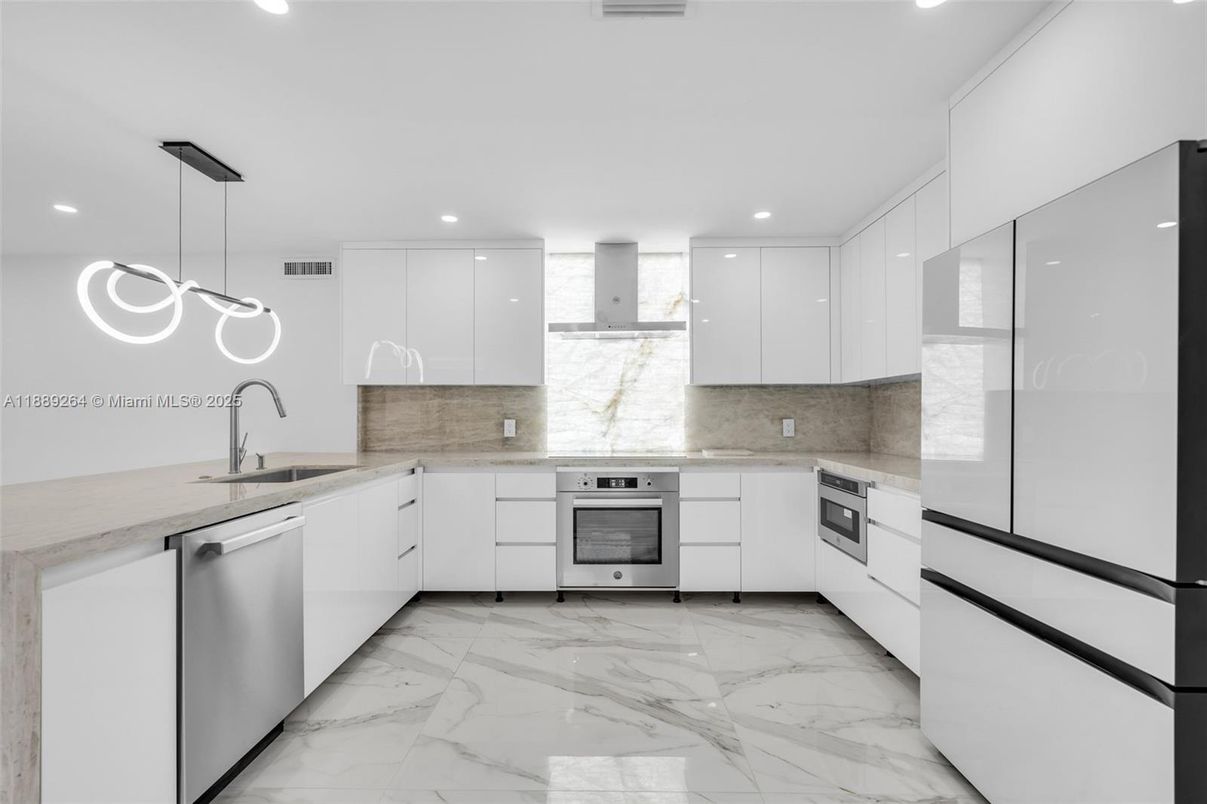 Interior, Kitchen, Marble, Pendant Lights, Recessed Lighting, Stainless Steel Appliances