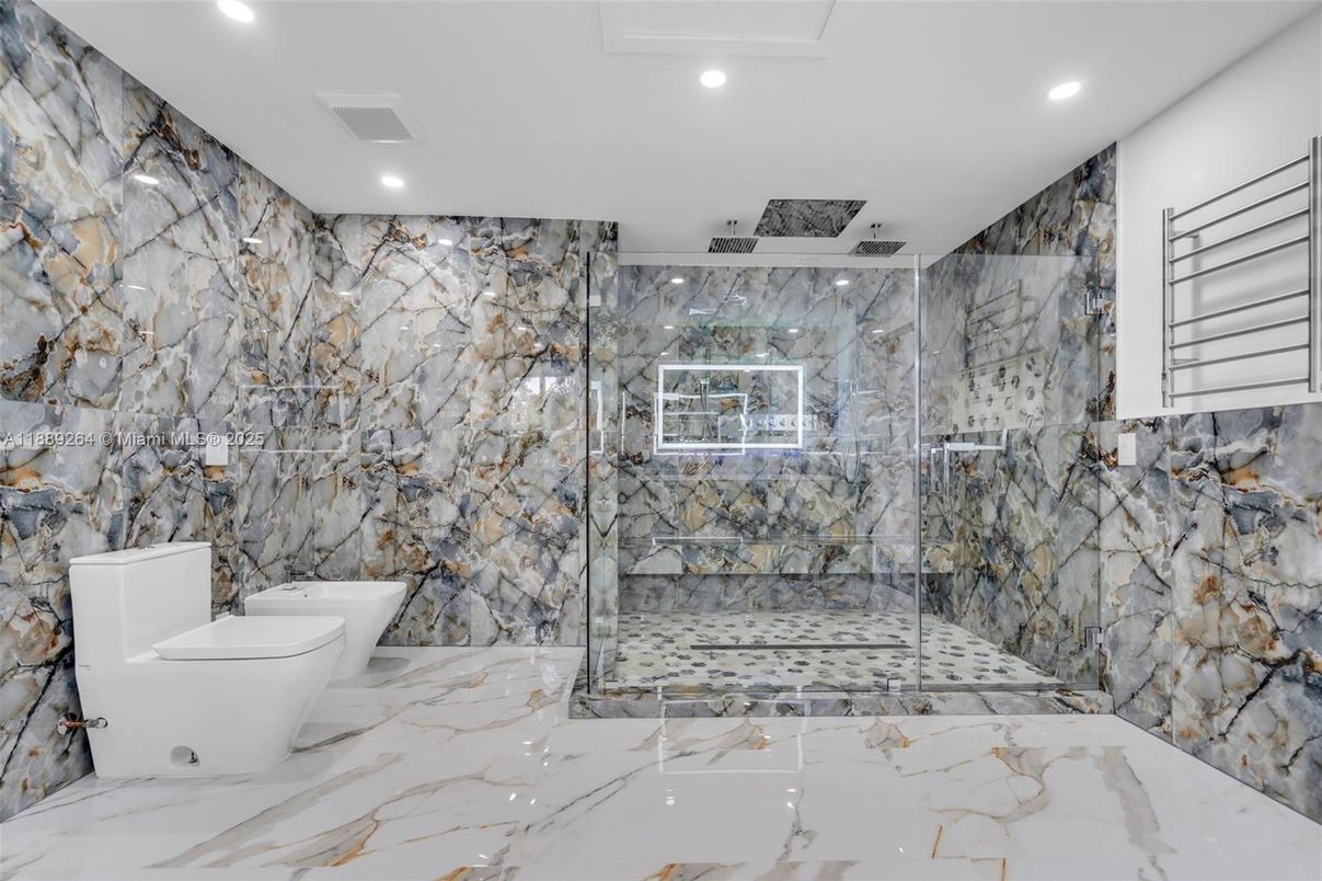 Bathroom, Glass Shower, Interior, Marble, Marble Walls, Recessed Lighting