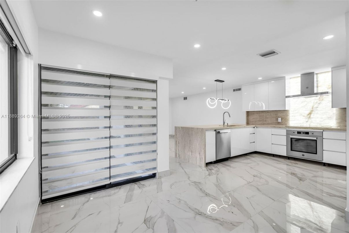 Interior, Kitchen, Marble, Pendant Lights, Recessed Lighting, Stainless Steel Appliances