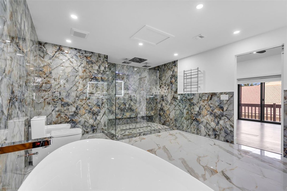 Bathroom, Free Standing Baths, Glass Shower, Interior, Marble, Marble Walls, Recessed Lighting