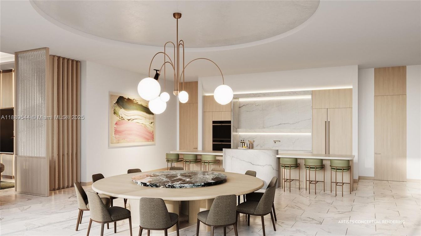 Dining room, Interior, Kitchen, Marble, Marble Walls, Pendant Lights, Stainless Steel Appliances