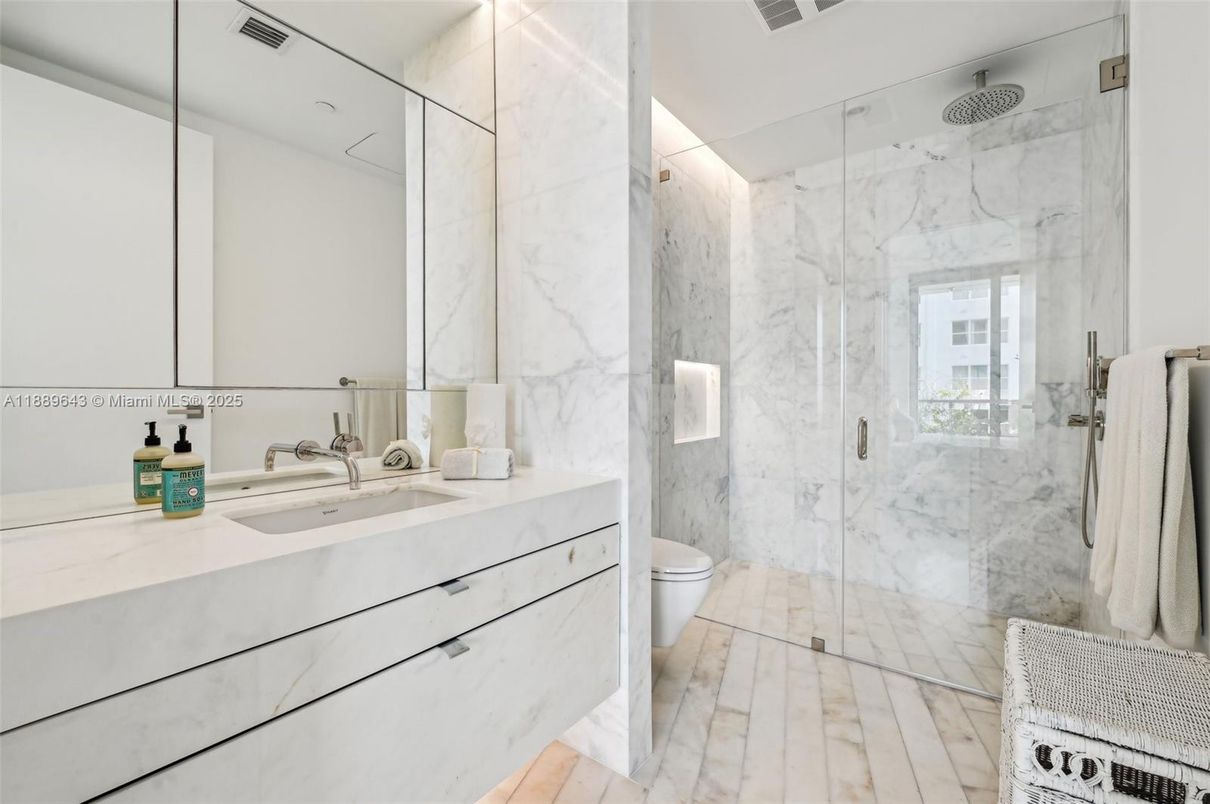 Bathroom, Glass Shower, Interior, Marble Walls, Wood Texture Flooring