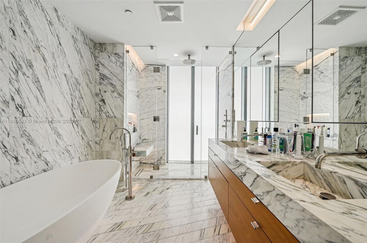 Bathroom, Dual Sink Vanities, Free Standing Baths, Glass Shower, Interior, Marble, Marble Walls, Recessed Lighting