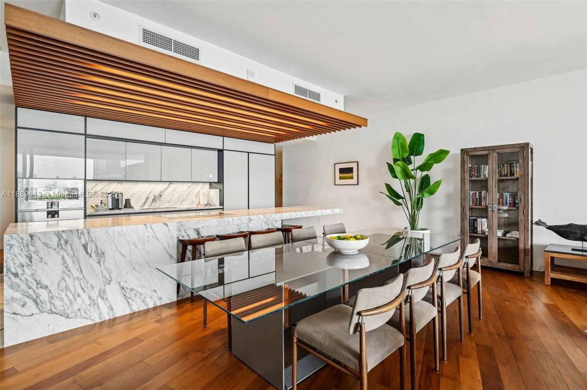 Dining room, Interior, Kitchen, Marble Walls, Wood Texture Flooring