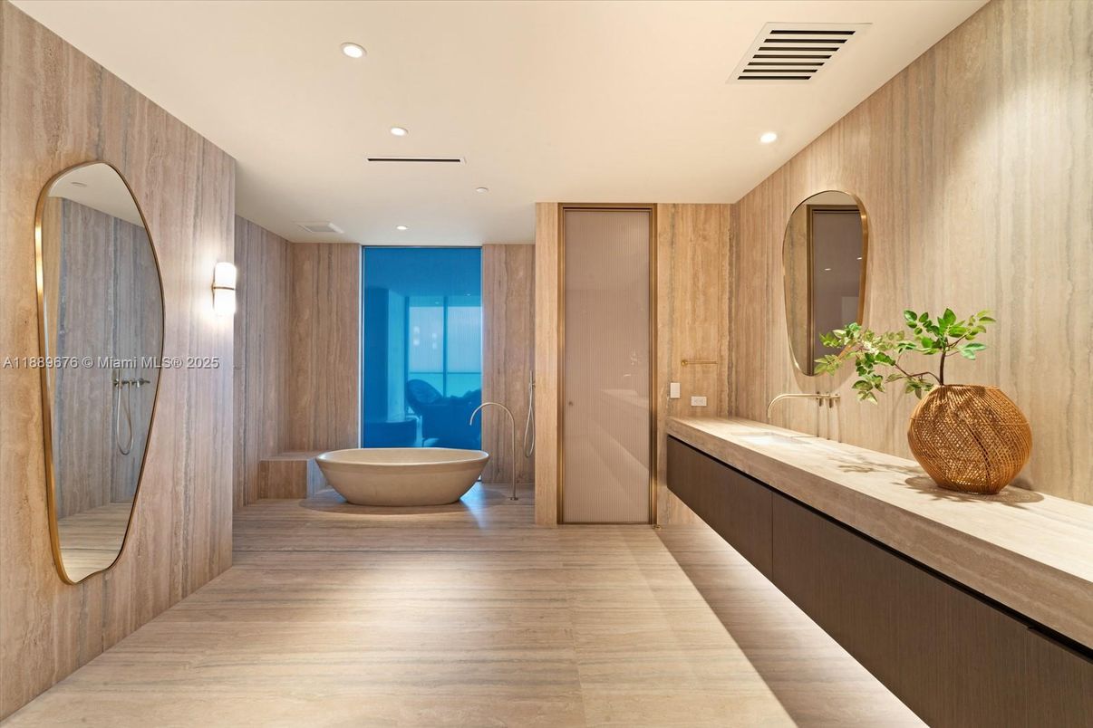 Bathroom, Dual Sink Vanities, Free Standing Baths, Interior, Recessed Lighting, Wooden Walls