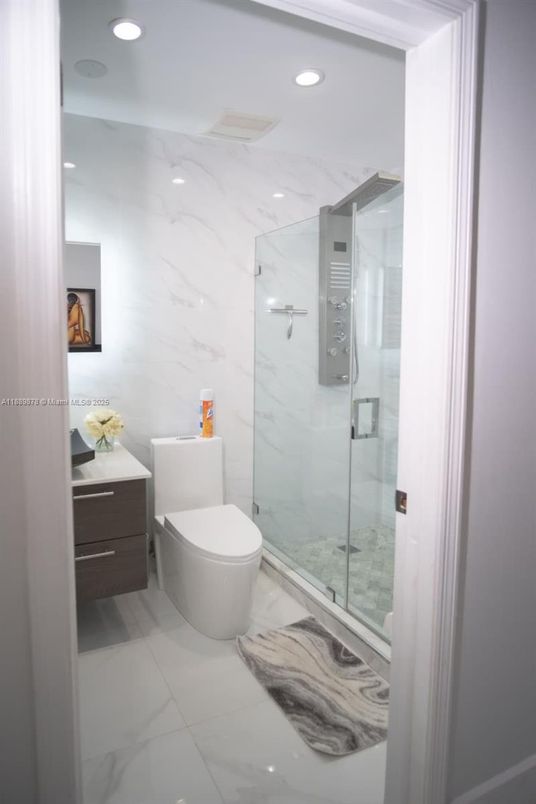 Bathroom, Glass Shower, Interior, Marble, Marble Walls, Recessed Lighting