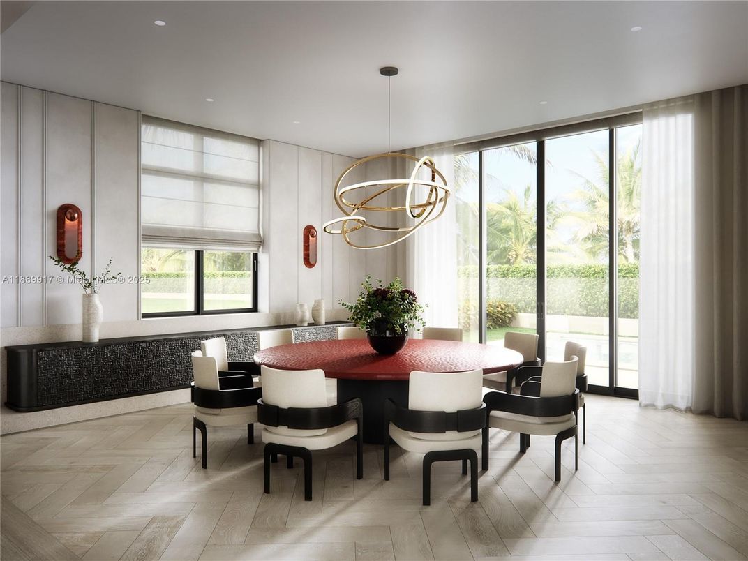 Dining room, Interior, Pendant Lights, Recessed Lighting, Wood Texture Flooring