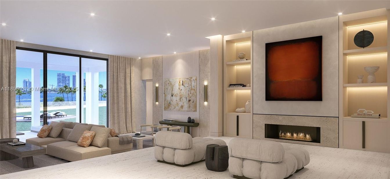 Fireplace, Interior, Living room, Recessed Lighting, Water