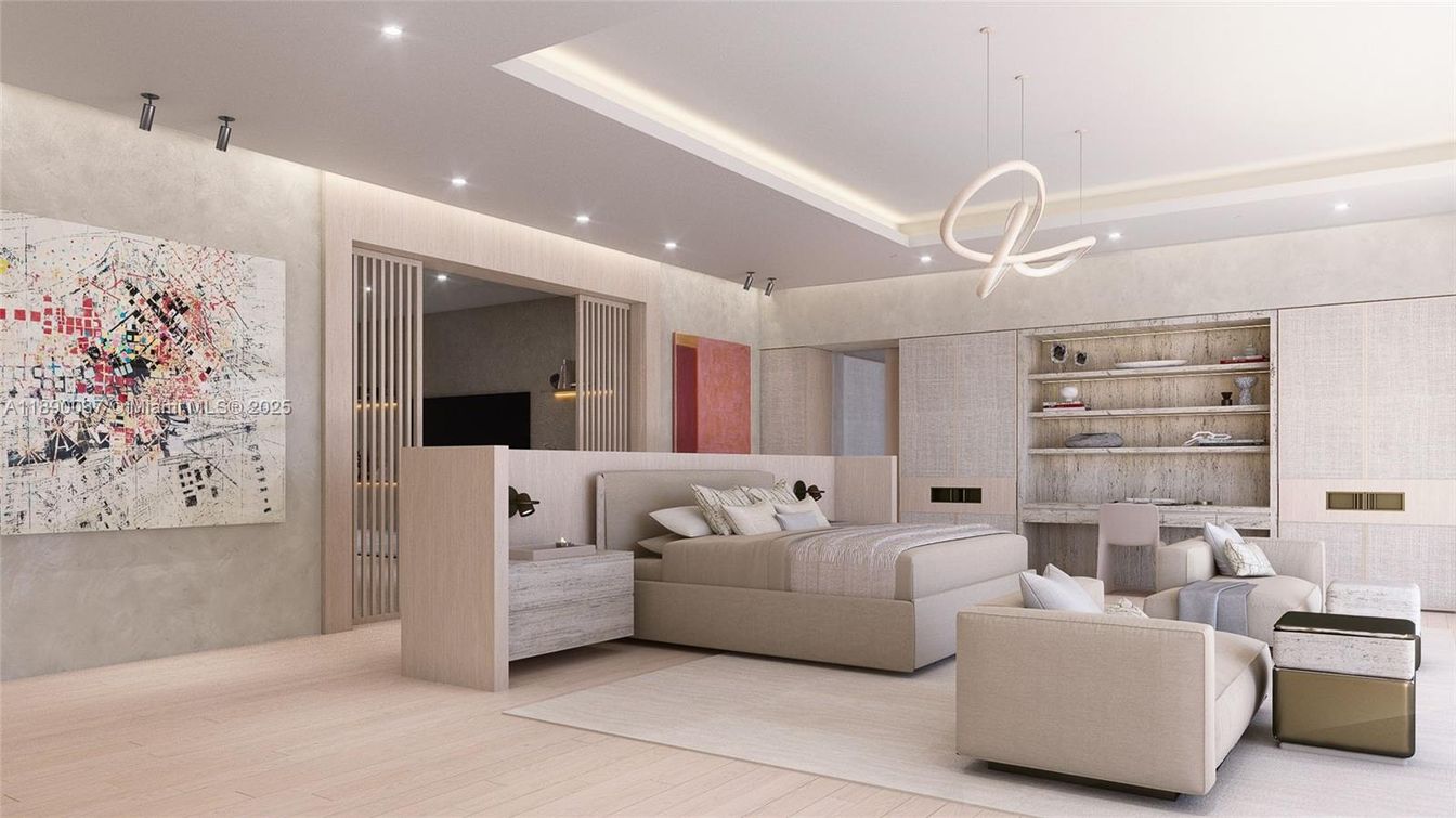 Bedroom, Interior, Pendant Lights, Recessed Lighting, Wood Texture Flooring