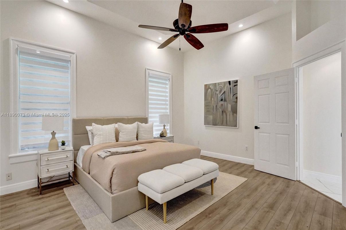 Bedroom, Interior, Recessed Lighting, Wood Texture Flooring