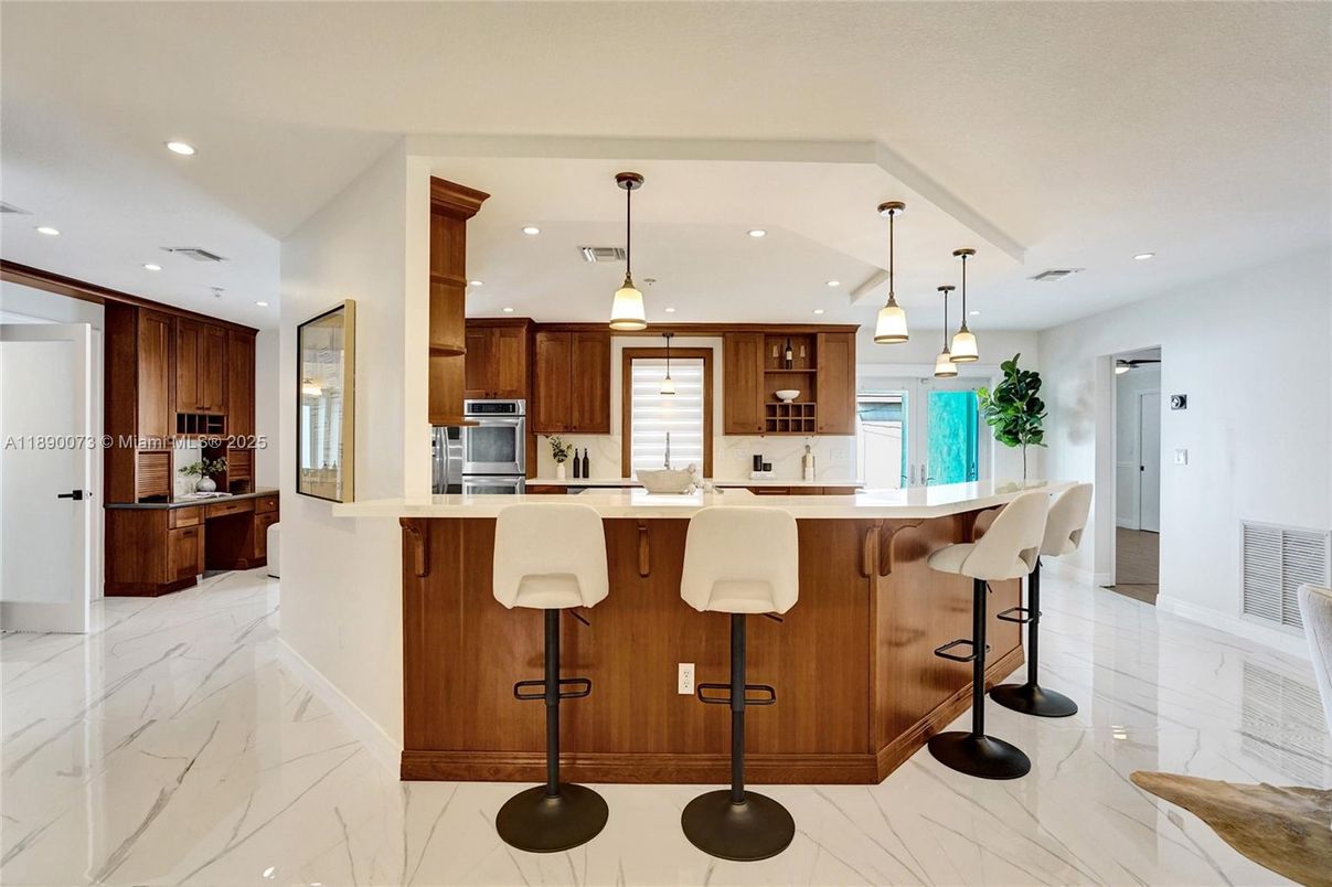 Interior, Kitchen, Marble, Pendant Lights, Recessed Lighting, Stainless Steel Appliances