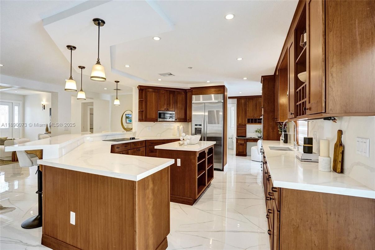 Interior, Kitchen, Marble, Pendant Lights, Recessed Lighting, Stainless Steel Appliances