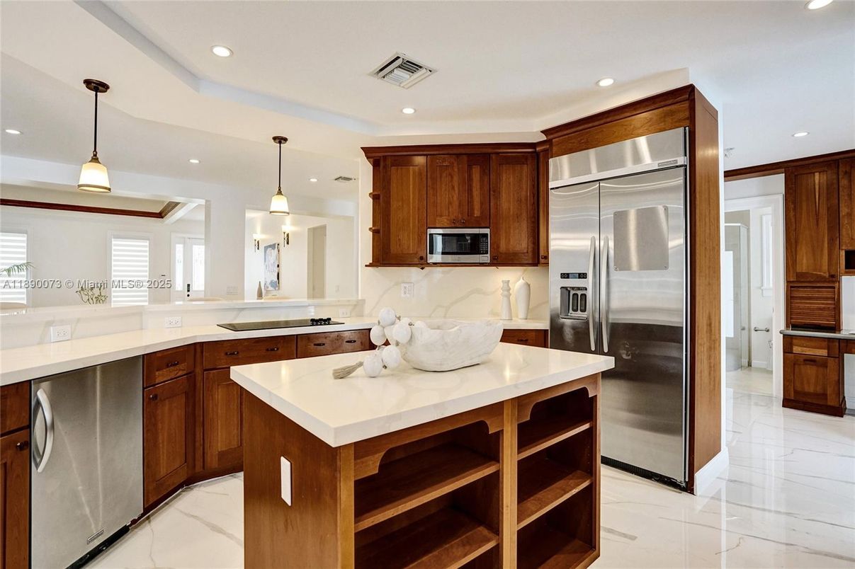 Interior, Kitchen, Marble, Pendant Lights, Recessed Lighting, Stainless Steel Appliances
