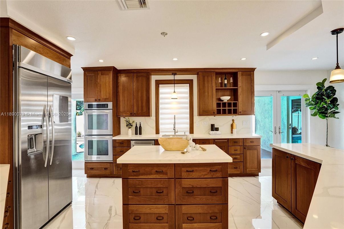 Interior, Kitchen, Marble, Pendant Lights, Recessed Lighting, Stainless Steel Appliances
