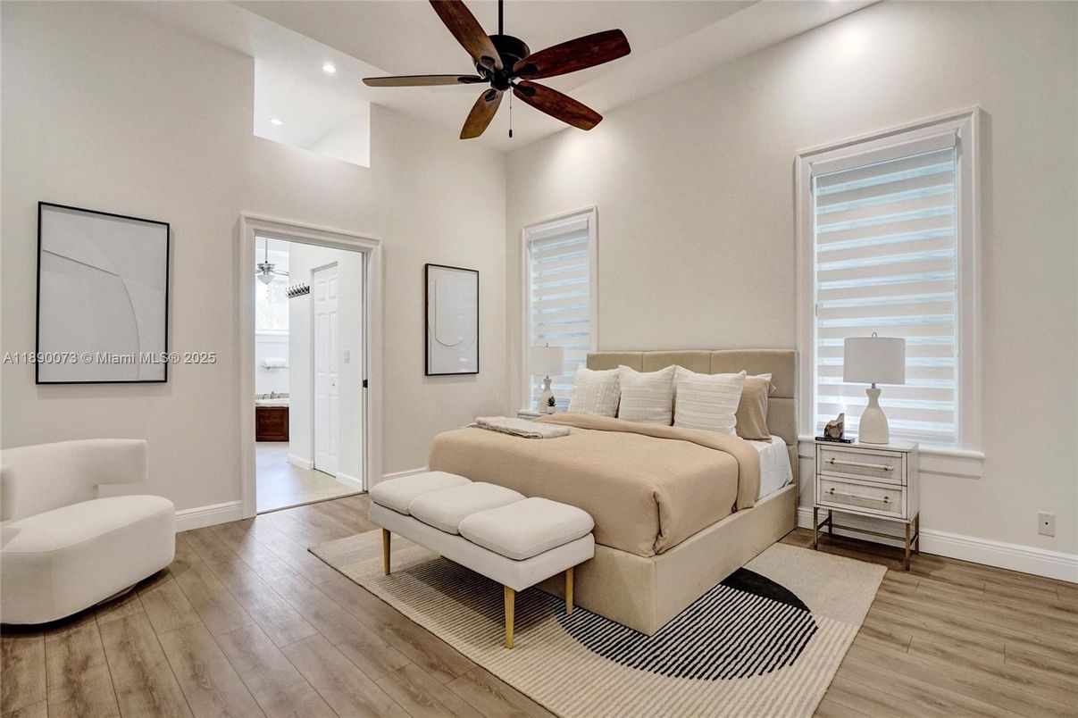 Bedroom, Interior, Recessed Lighting, Wood Texture Flooring