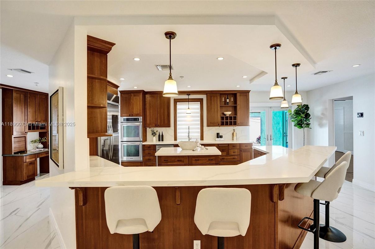 Interior, Kitchen, Marble, Pendant Lights, Recessed Lighting, Stainless Steel Appliances