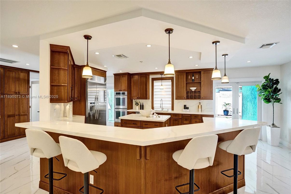 Interior, Kitchen, Marble, Pendant Lights, Recessed Lighting, Stainless Steel Appliances