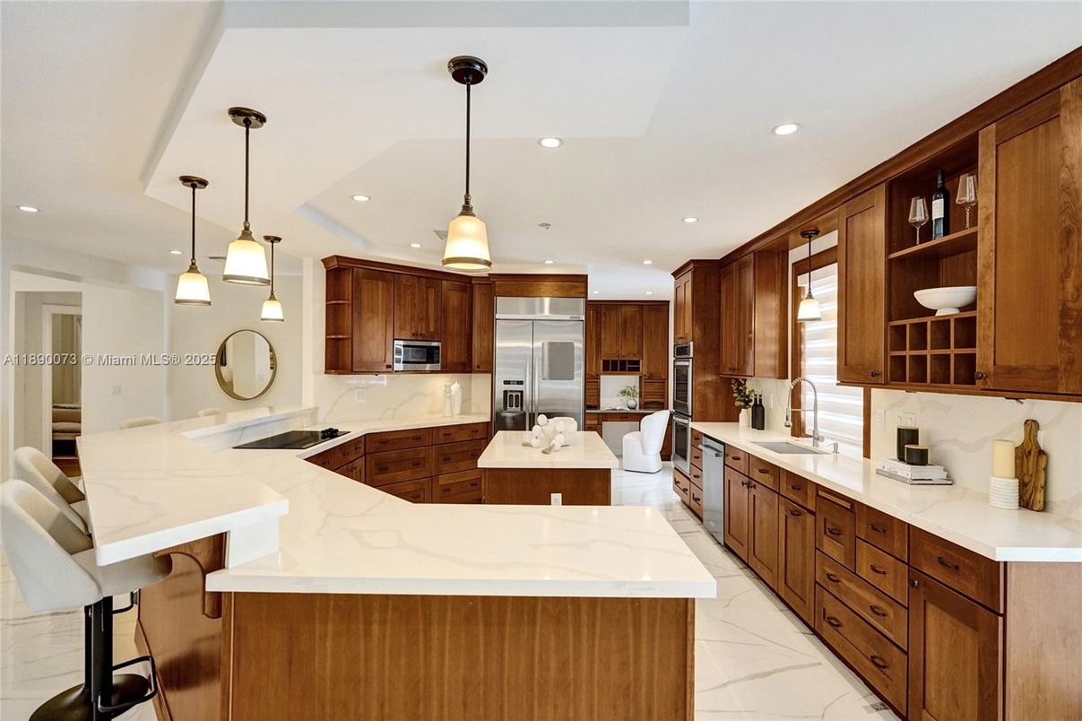 Interior, Kitchen, Marble, Pendant Lights, Recessed Lighting, Stainless Steel Appliances