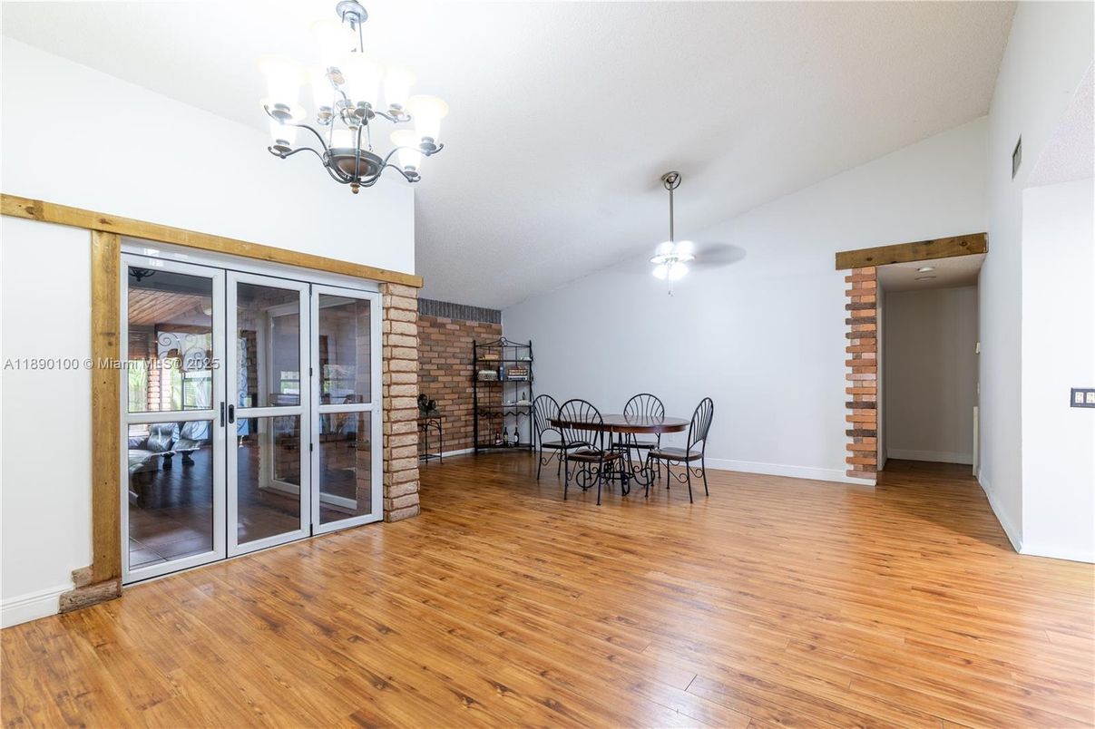 Chandelier, Dining room, Interior, Stone Walls, Wood Texture Flooring