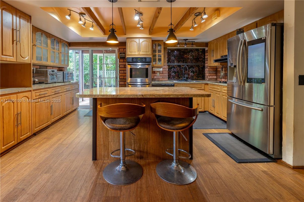 Interior, Kitchen, Pendant Lights, Stainless Steel Appliances, Wood Texture Flooring