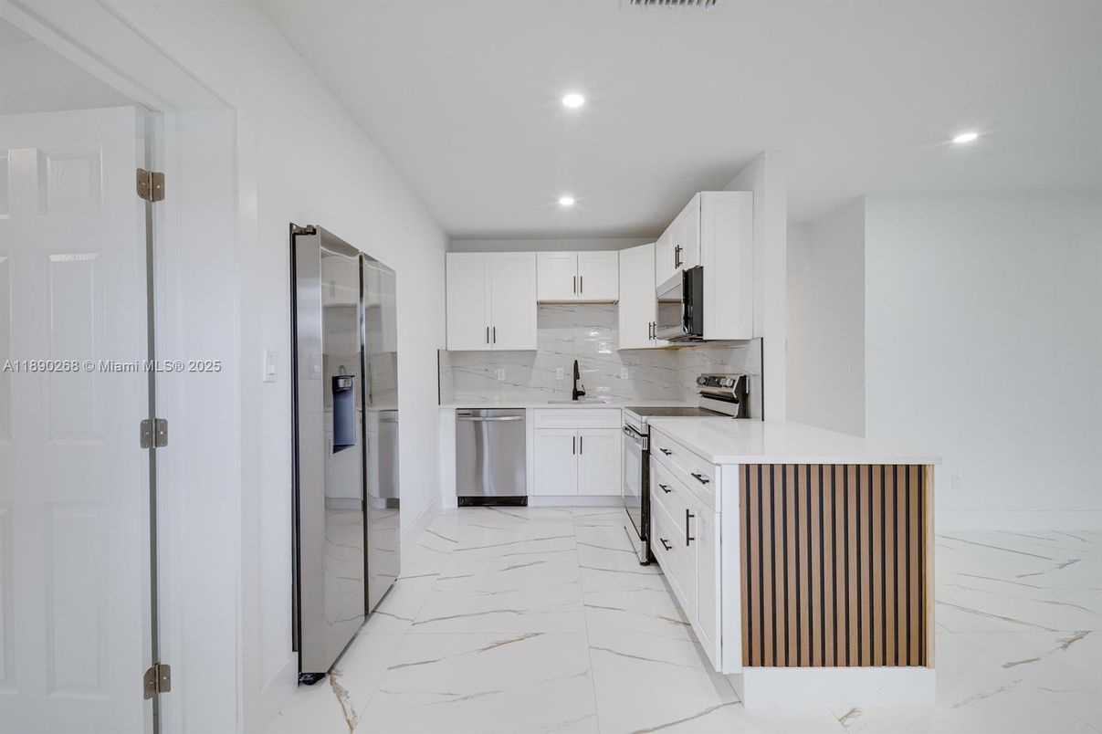 Interior, Kitchen, Marble, Recessed Lighting, Stainless Steel Appliances