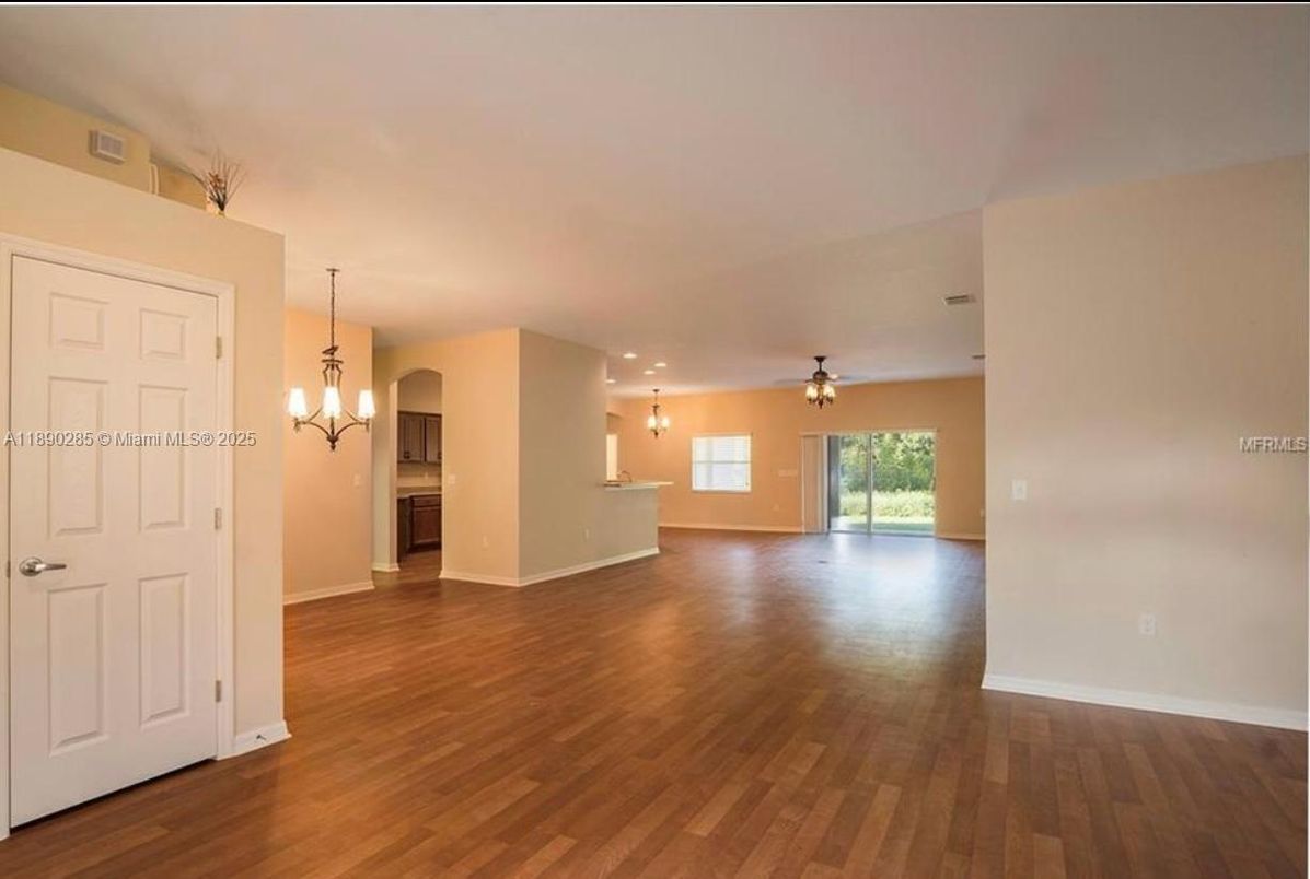 Chandelier, Empty room, Interior, Pendant Lights, Recessed Lighting, Wood Texture Flooring