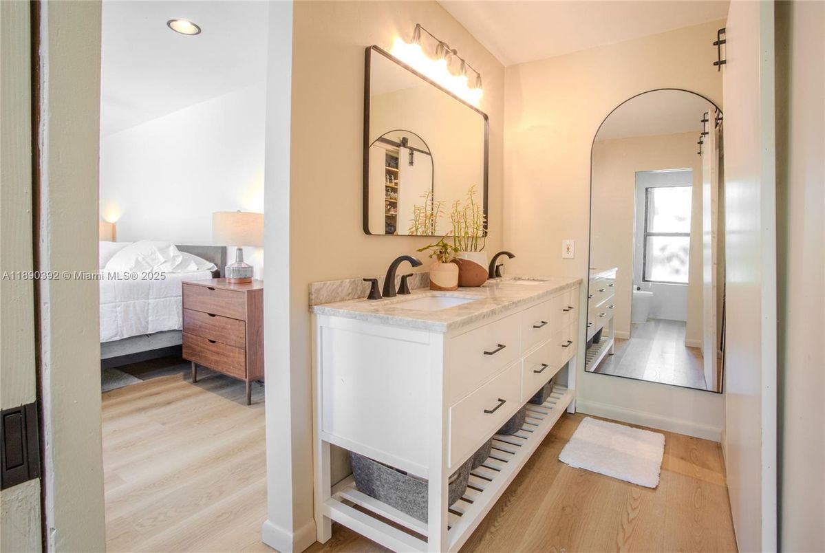 Bathroom, Bedroom, Dual Sink Vanities, Interior, Recessed Lighting, Wood Texture Flooring
