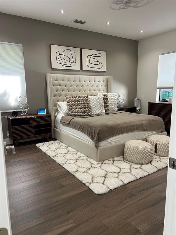 Bedroom, Interior, Recessed Lighting, Wood Texture Flooring