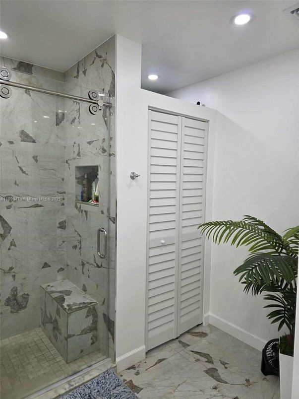 Bathroom, Glass Shower, Interior, Marble, Marble Walls, Recessed Lighting