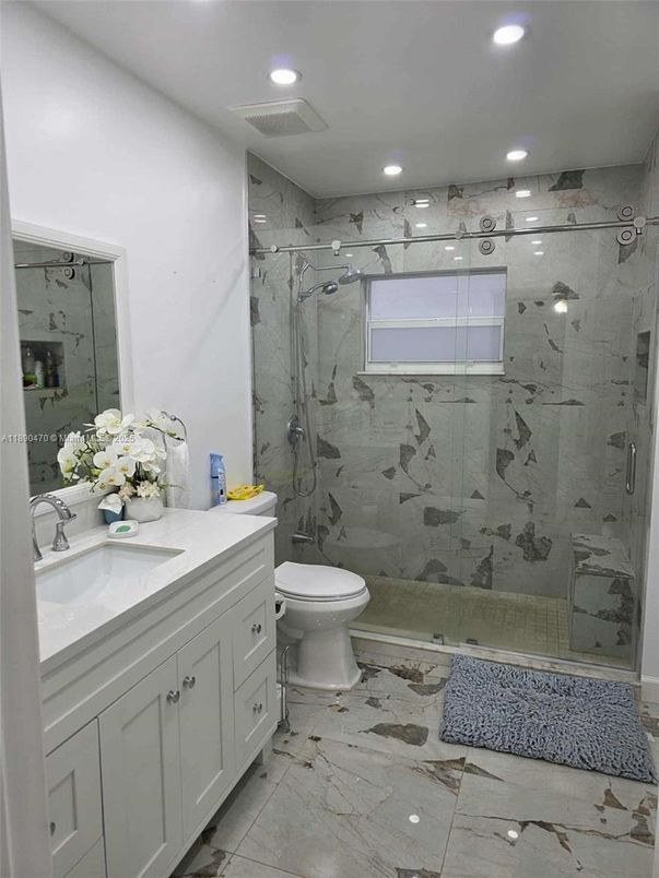 Bathroom, Glass Shower, Interior, Marble, Marble Walls, Recessed Lighting