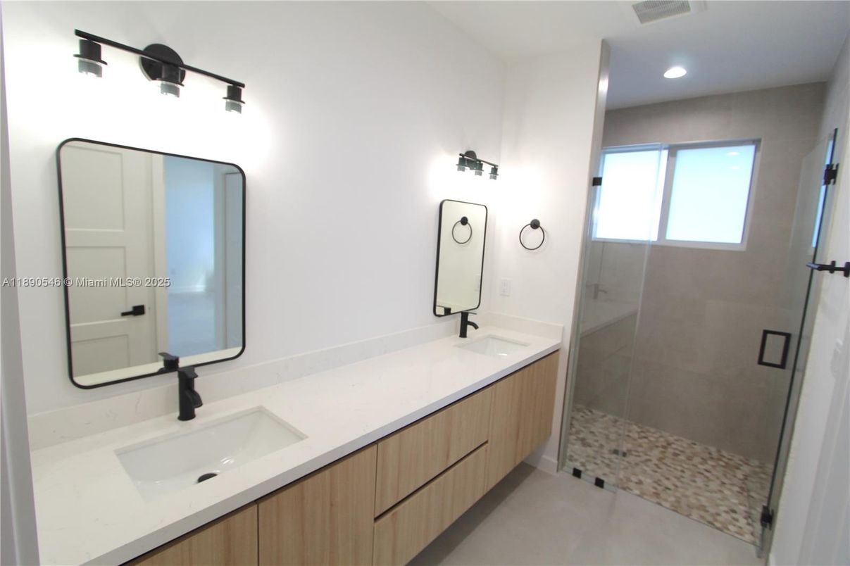 Bathroom, Dual Sink Vanities, Glass Shower, Interior, Recessed Lighting