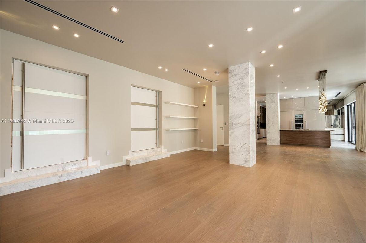 Empty room, Interior, Kitchen, Marble Walls, Pendant Lights, Recessed Lighting, Wood Texture Flooring