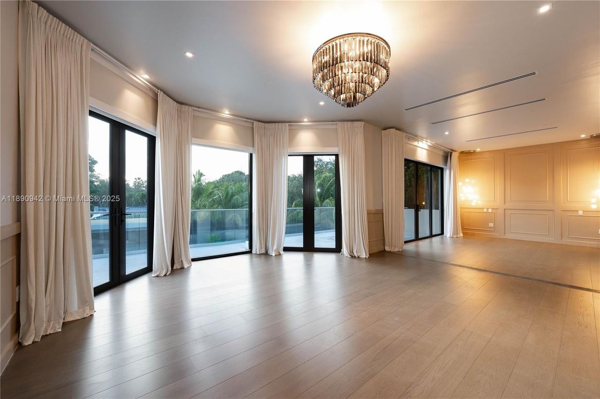 Chandelier, Empty room, Interior, Recessed Lighting, Wood Texture Flooring