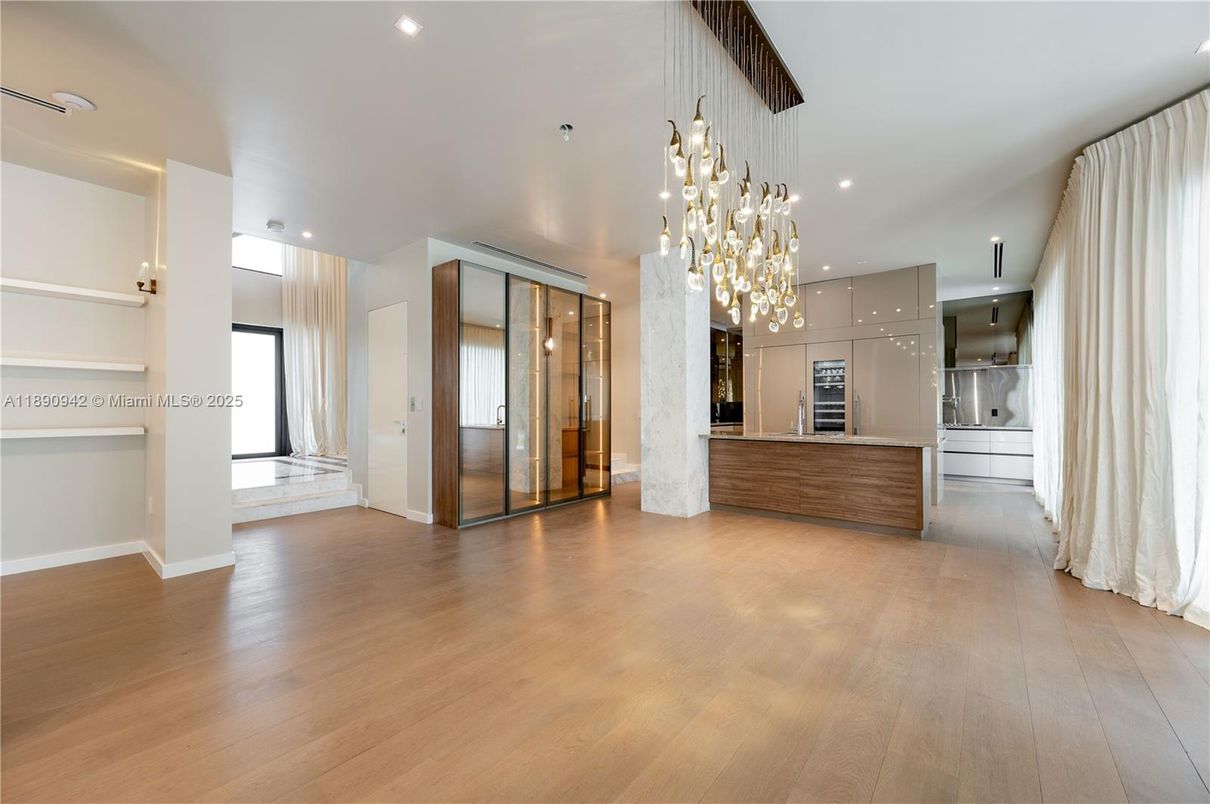 Empty room, Interior, Kitchen, Pendant Lights, Recessed Lighting, Wood Texture Flooring