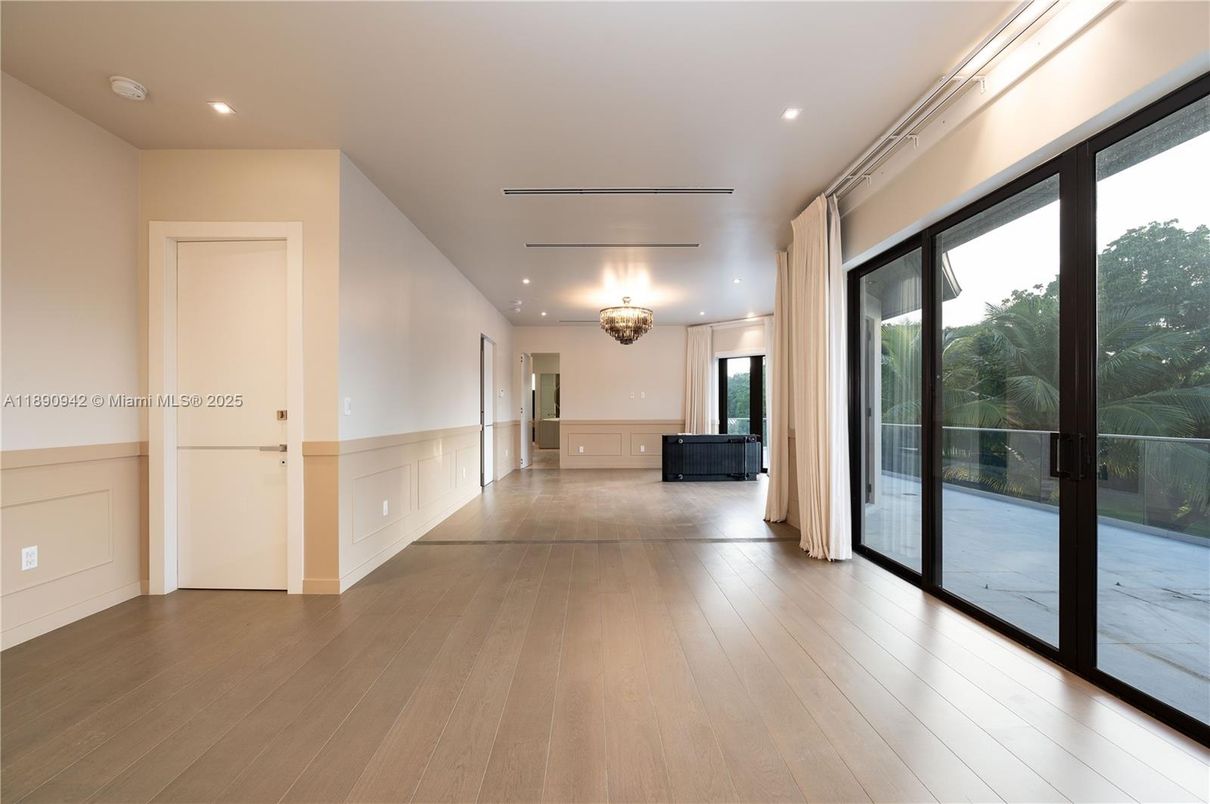 Chandelier, Empty room, Interior, Recessed Lighting, Wood Texture Flooring