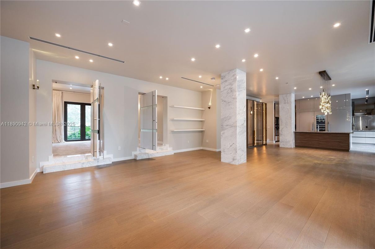 Empty room, Interior, Kitchen, Marble Walls, Pendant Lights, Recessed Lighting, Wood Texture Flooring