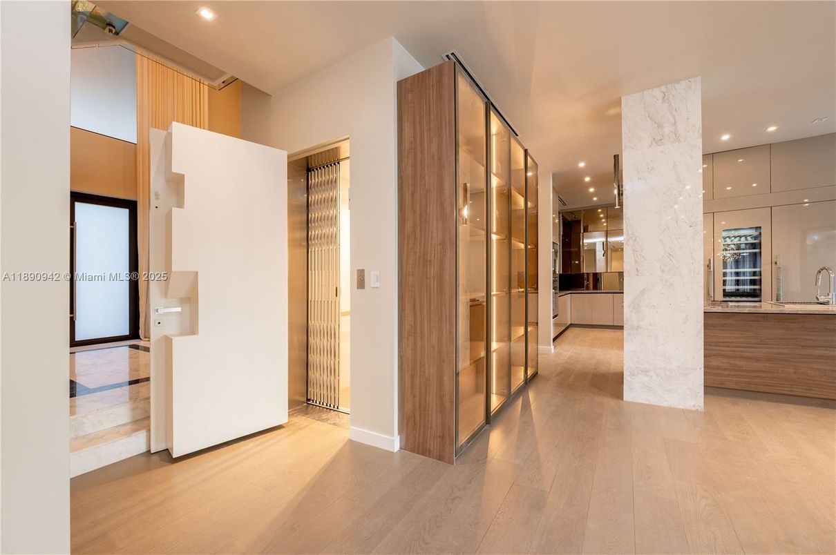 Interior, Kitchen, Marble Walls, Recessed Lighting, Wood Texture Flooring