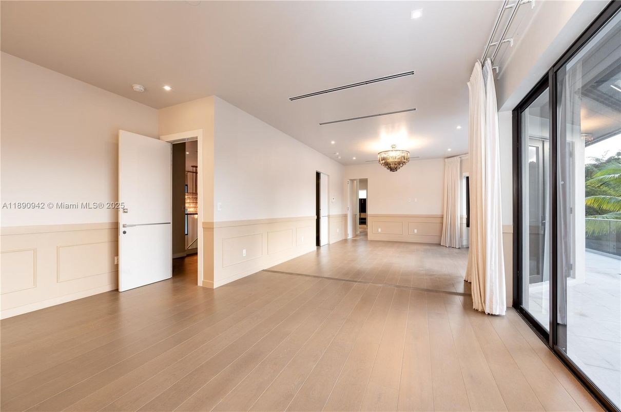 Chandelier, Empty room, Interior, Recessed Lighting, Wood Texture Flooring