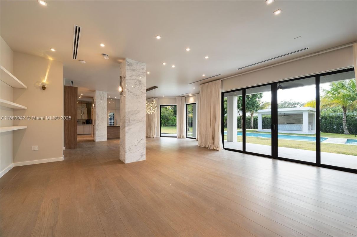 Empty room, Interior, Marble Walls, Pendant Lights, Recessed Lighting, Wood Texture Flooring