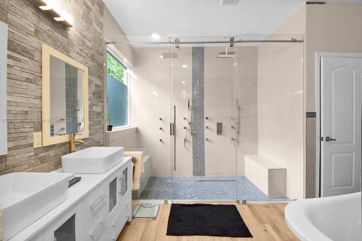 Bathroom, Glass Shower, Interior, Wood Texture Flooring