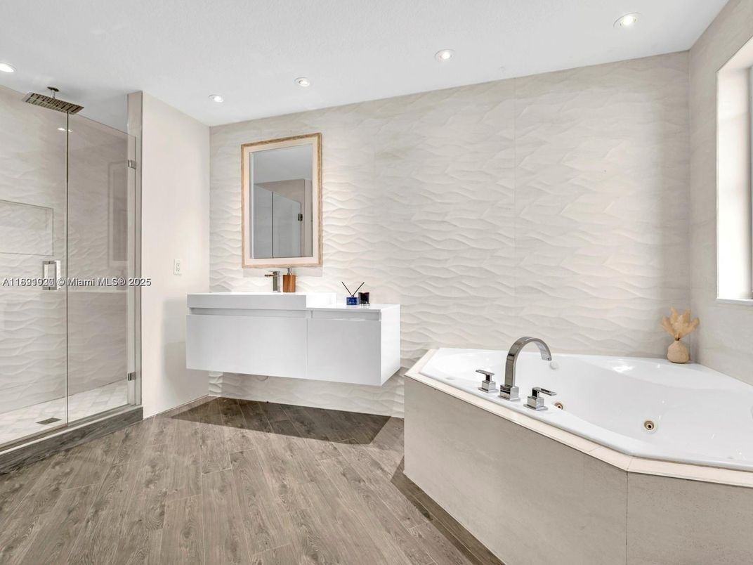 Bathroom, Glass Shower, Interior, Recessed Lighting, Wood Texture Flooring
