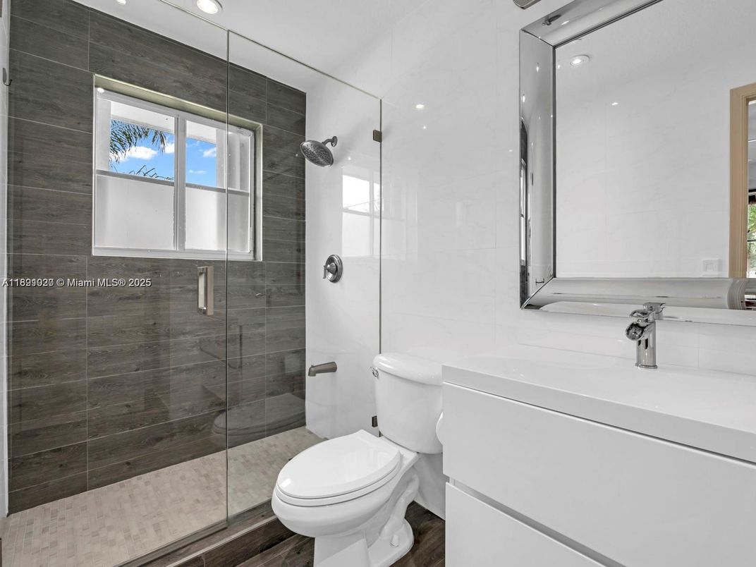 Bathroom, Glass Shower, Interior, Recessed Lighting, Wood Texture Flooring