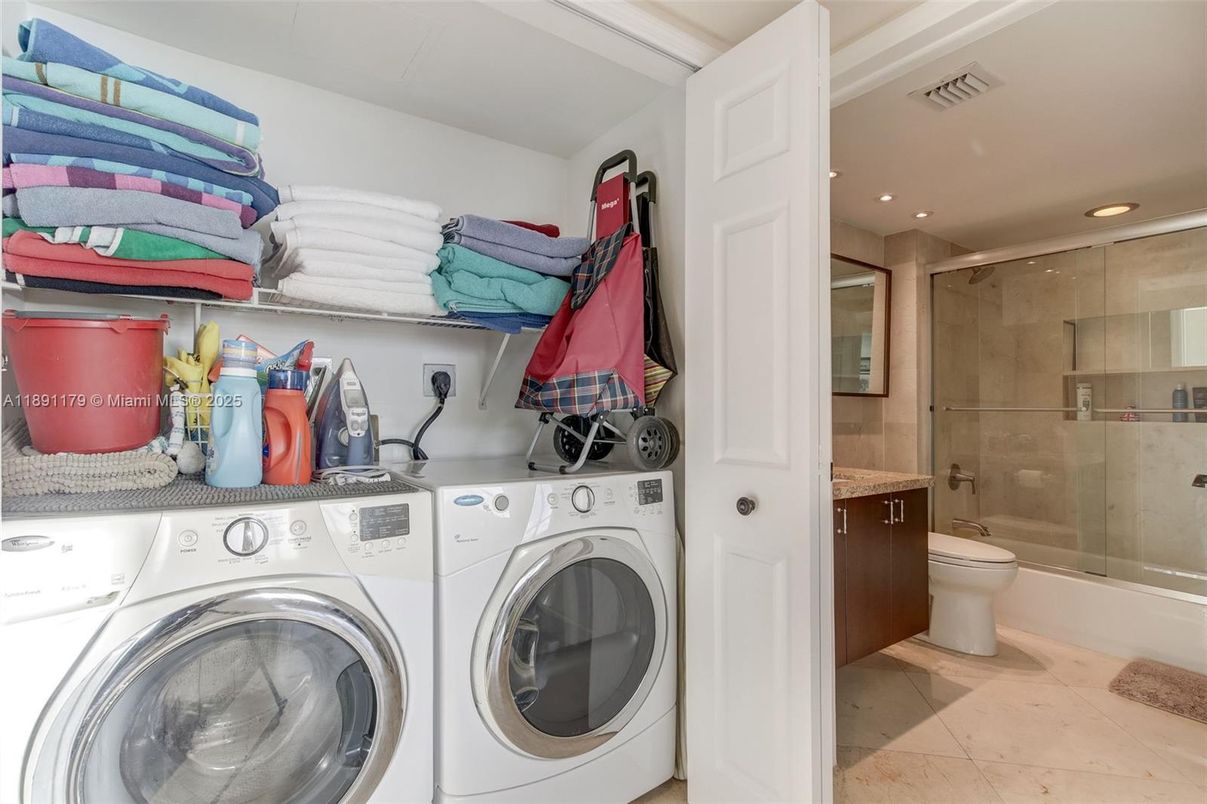 Bathroom, Glass Shower, Interior, Recessed Lighting, Utility Closets, Washer