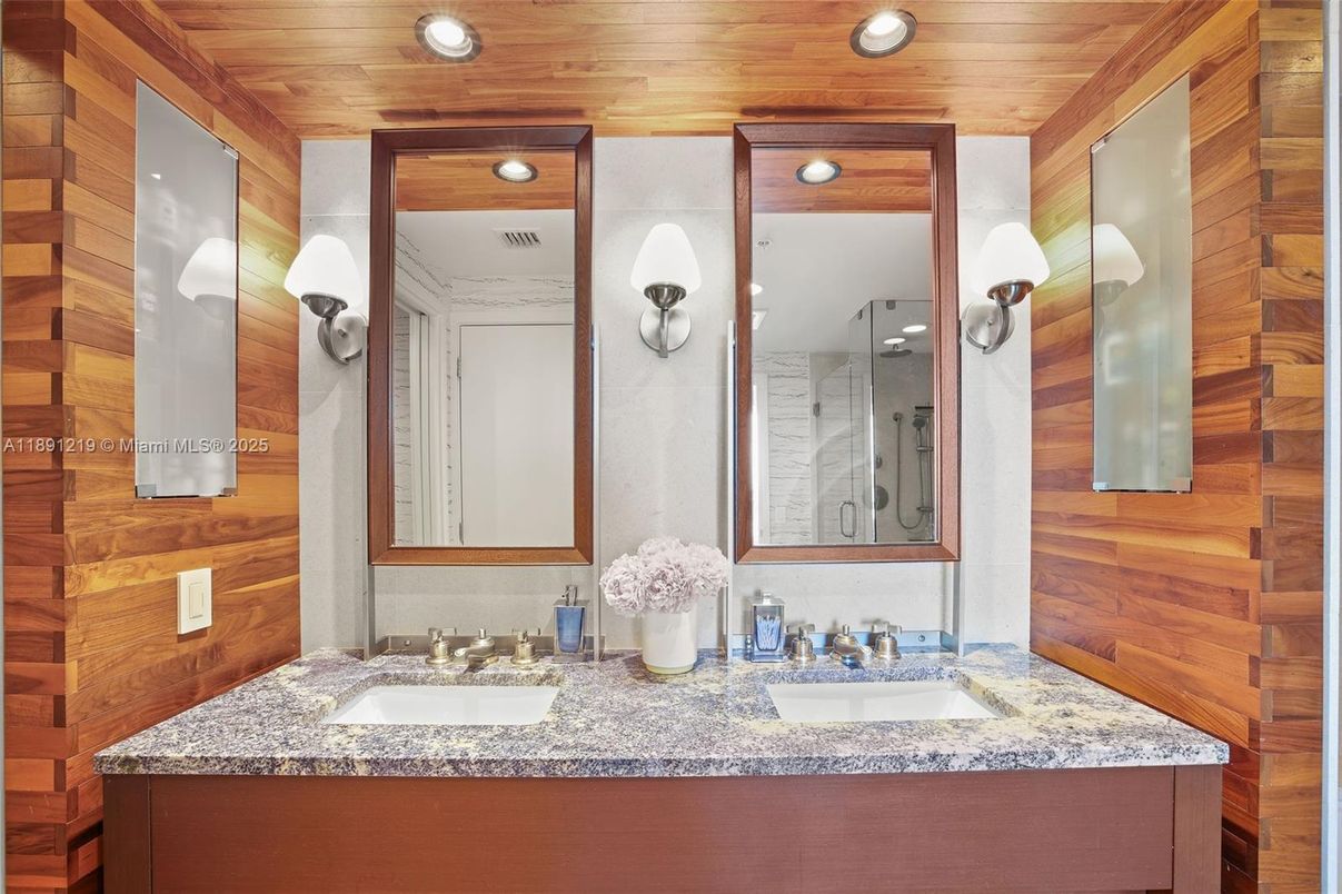 Bathroom, Dual Sink Vanities, Interior, Recessed Lighting, Wooden Ceilings, Wooden Walls