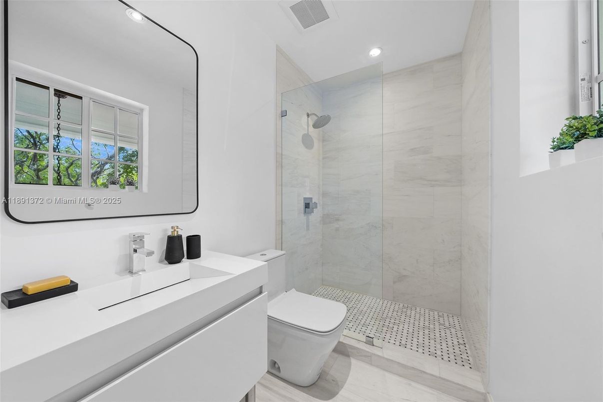 Bathroom, Glass Shower, Interior, Marble Walls, Recessed Lighting