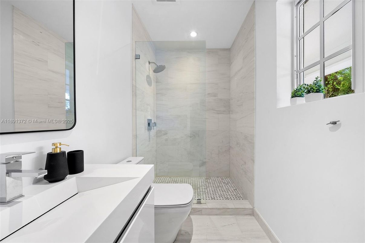 Bathroom, Glass Shower, Interior, Marble, Marble Walls, Recessed Lighting